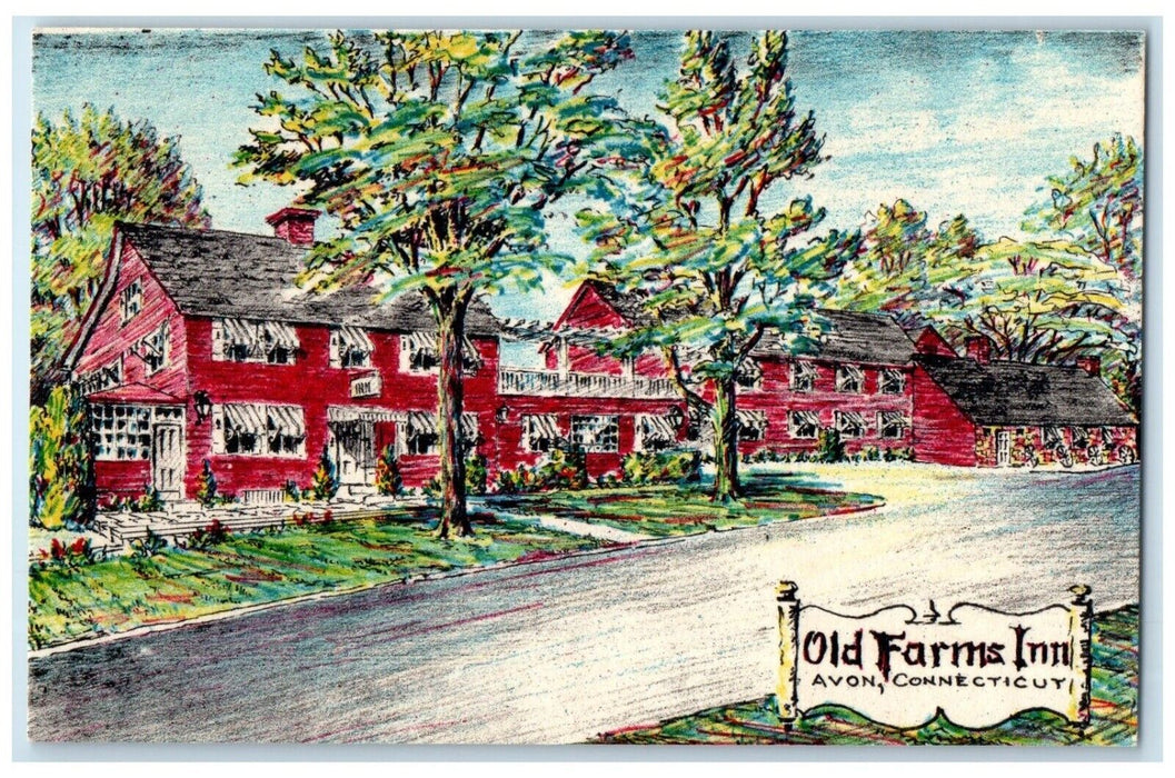 c1940 Old Farms Inn Crayon Walter Bowers Road Avon Connecticut Vintage Postcard