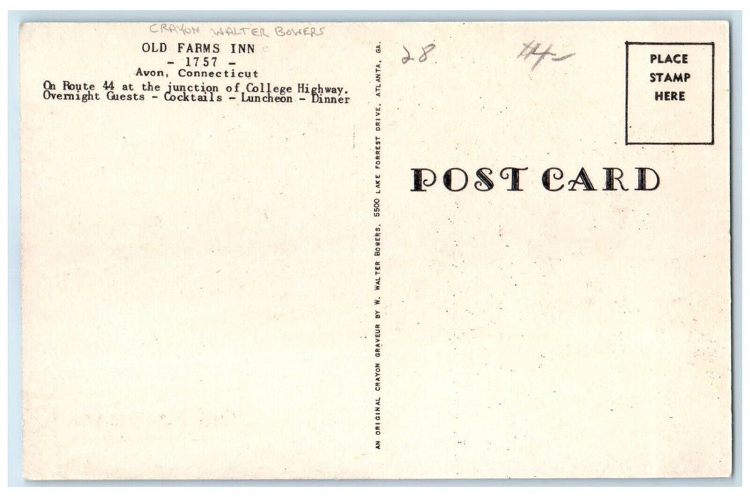 c1940 Old Farms Inn Crayon Walter Bowers Road Avon Connecticut Vintage Postcard