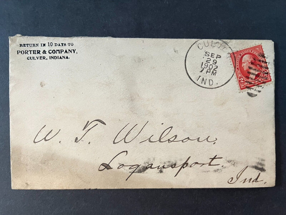 1902 Porter & Company Culver Indiana To Logansport Duplex Cancel 2 Cent Cover