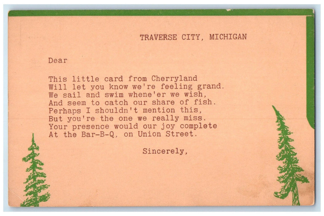 c1950's Feeling Grand Swim Message Traverse City Michigan MI Postal Card