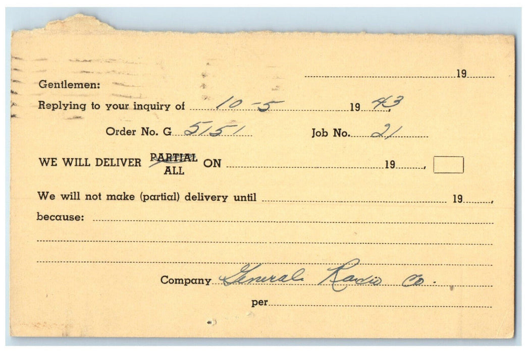 1943 John Oster Mfg. Co. of Illinois Genoa Illinois IL Vintage Postal Card