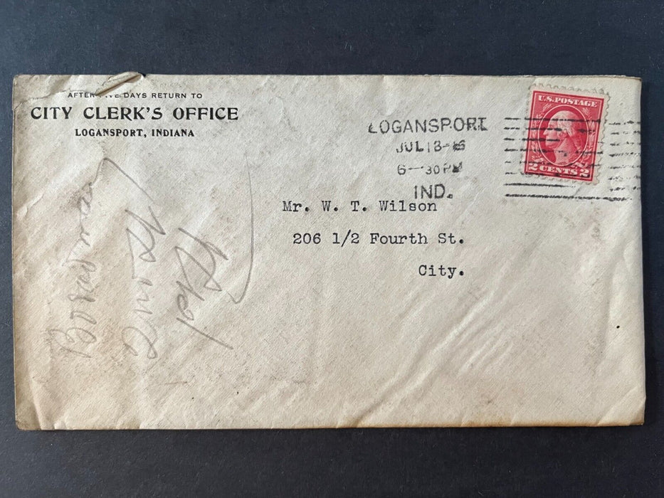 1915 City Clerk's Office Logansport Indiana To City Doane Cancel 2 Cent Cover