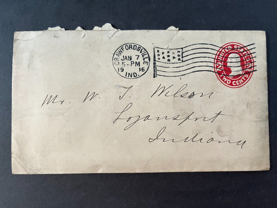 1916 Mr. Wilson Crawfordsville Indiana To Logansport Flag Cancel 2 Cent Cover