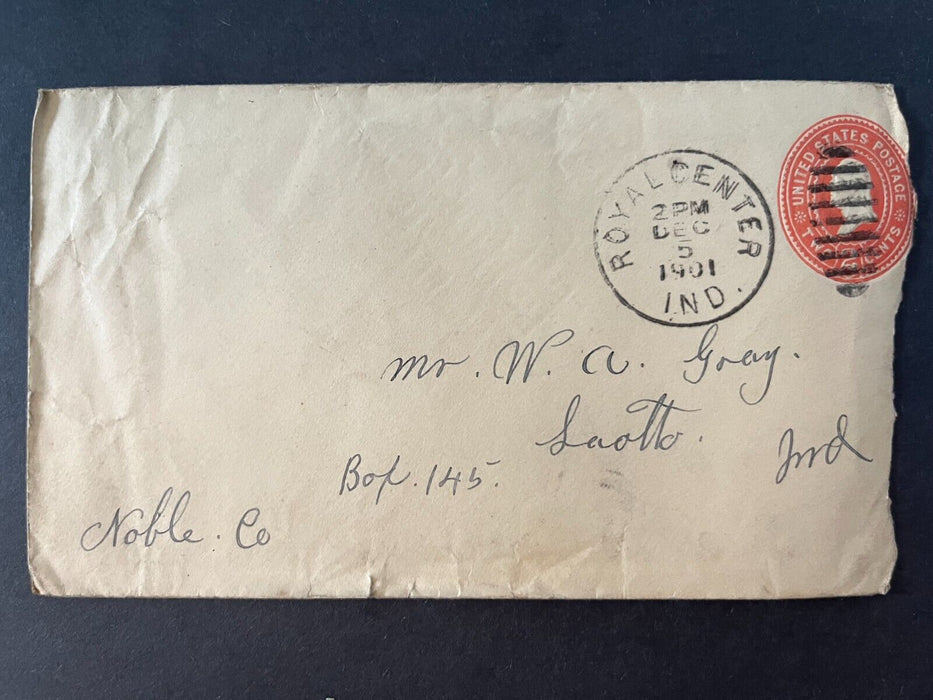 1901 Mr Gray Laotto Noble County Indiana Royal Center Duplex Cancel 2 Cent Cover