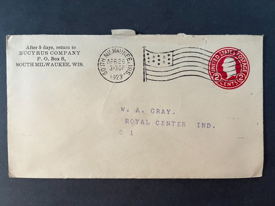 Bucyrus Company South Milwaukee Wisconsin Royal Center Indiana Flag Cancel Cover