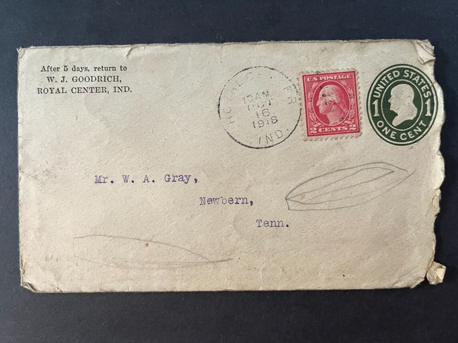 1918 WJ Goodrich Royal Center Indiana Newbern Tennessee 2 Cent Cover