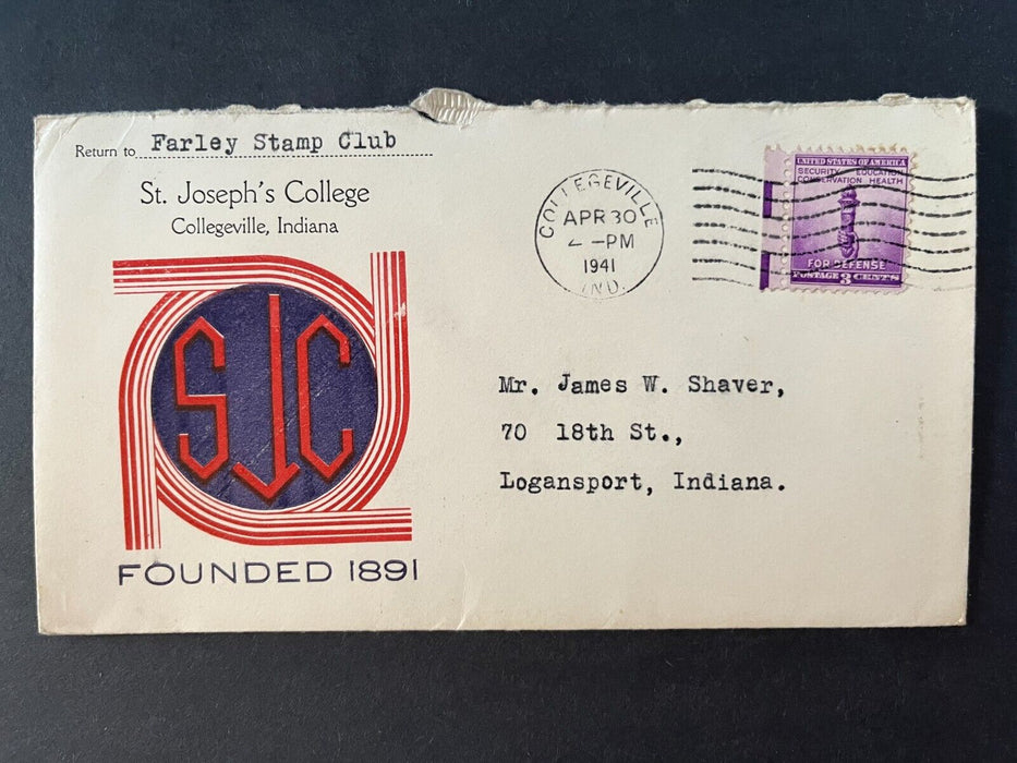 1941 St Joseph's College Collegeville Indiana Logansport Farley Stamp Club Cover