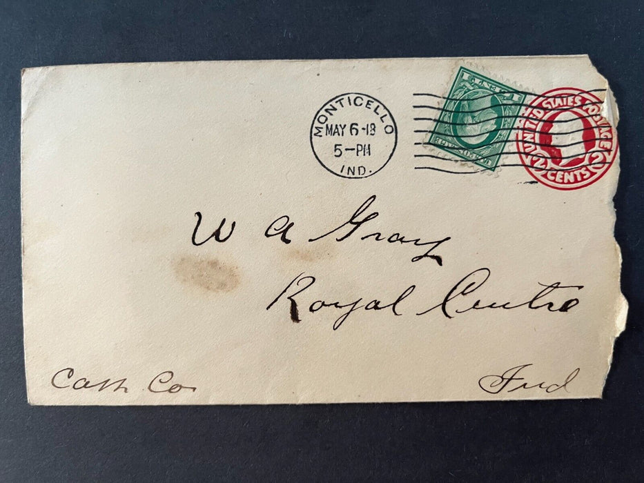 1918 Mr. Gray Monticello Indiana Royal Center Doane Cancel Coil 2 Cent Cover