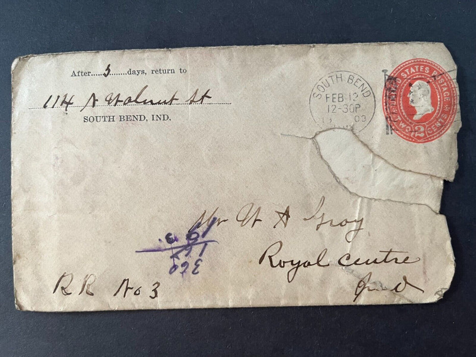1903 Mr. Gray 114 & Walnut St. South Bend Indiana Royal Centre Flag Cancel Cover