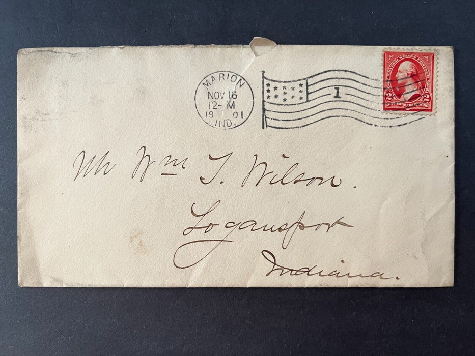 1901 Mr. Wilson Marion Indiana To Logansport Flag Cancel 2 Cent Cover