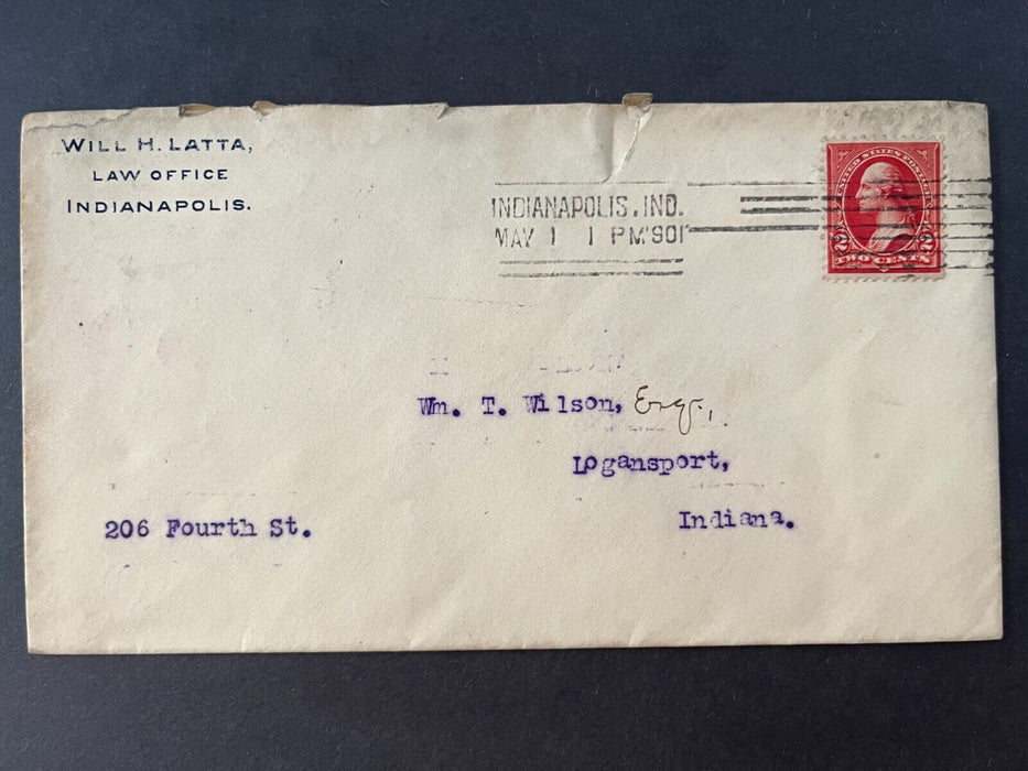 1901 Will H. Latta Law Office Indianapolis Indiana Logansport Doane Cancel Cover