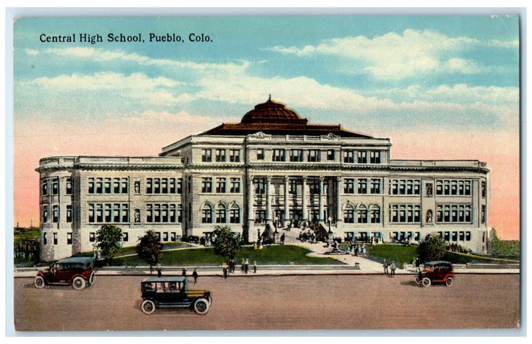 1918 Exterior View Central High School Building Cars Pueblo Colorado CO Postcard