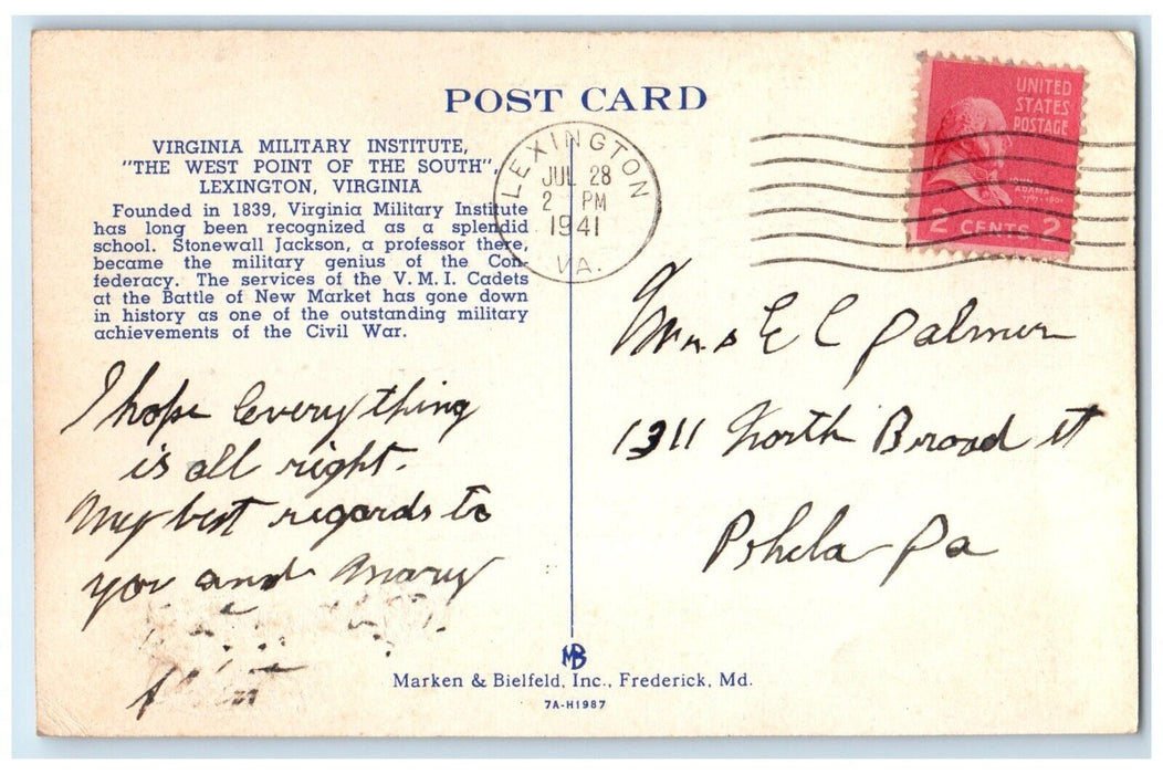 1941 Virginia Military Institute West Point South Lexington Virginia VA Postcard