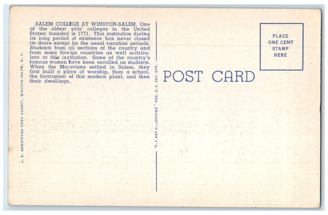 c1940 Salem College Founded Winston Exterior Field Salem North Carolina Postcard