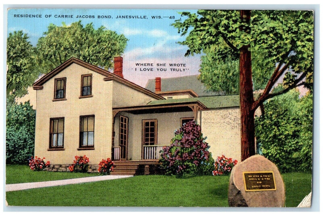 1947 Residence Carrie Jacobs Bond Exterior House Janesville Wisconsin Postcard