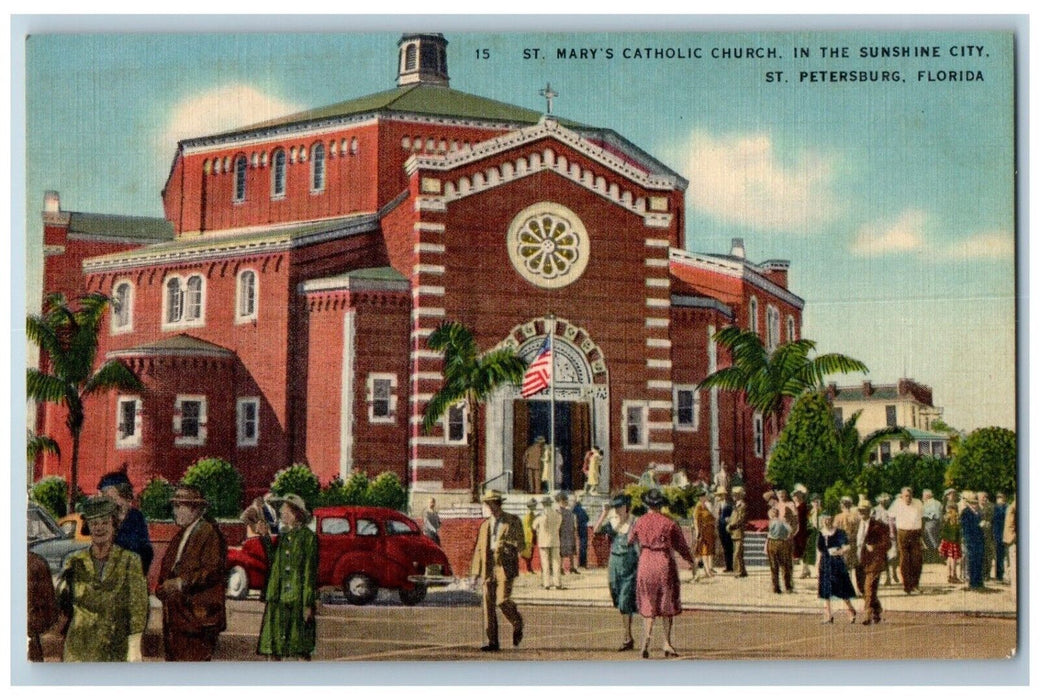 c1940 St Mary Catholic Church Sunshine City St Petersburg Florida Linen Postcard