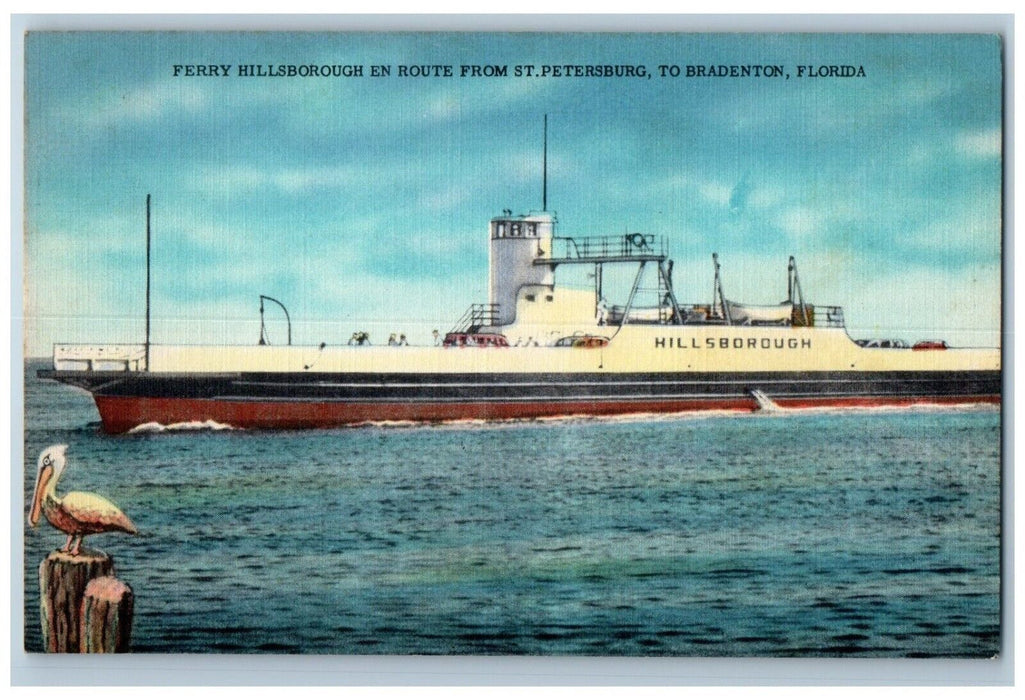 c1940 Steamer Ferry Hillsborough En Route St Petersburg Bradenton FL Postcard