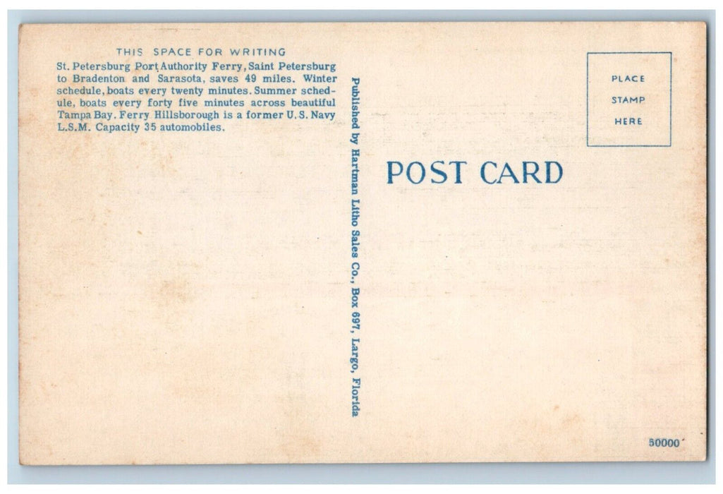 c1940 Steamer Ferry Hillsborough En Route St Petersburg Bradenton FL Postcard