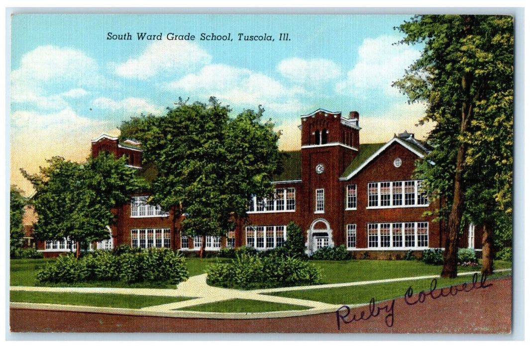 c1940 South Ward Grade School Exterior Building Field Tuscola Illinois Postcard
