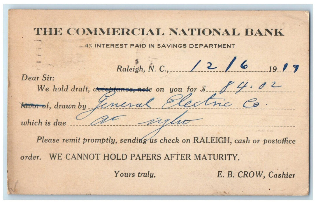 1919 The Commercial National Bank Raleigh North Carolina NC Postal Card