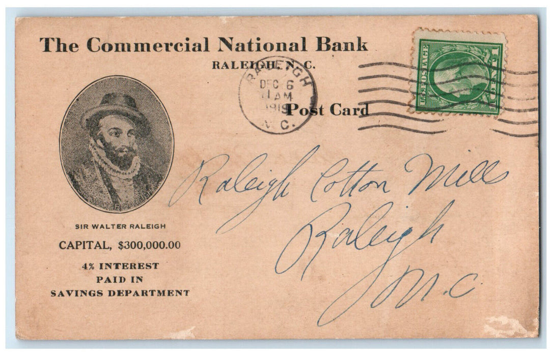 1919 The Commercial National Bank Raleigh North Carolina NC Postal Card