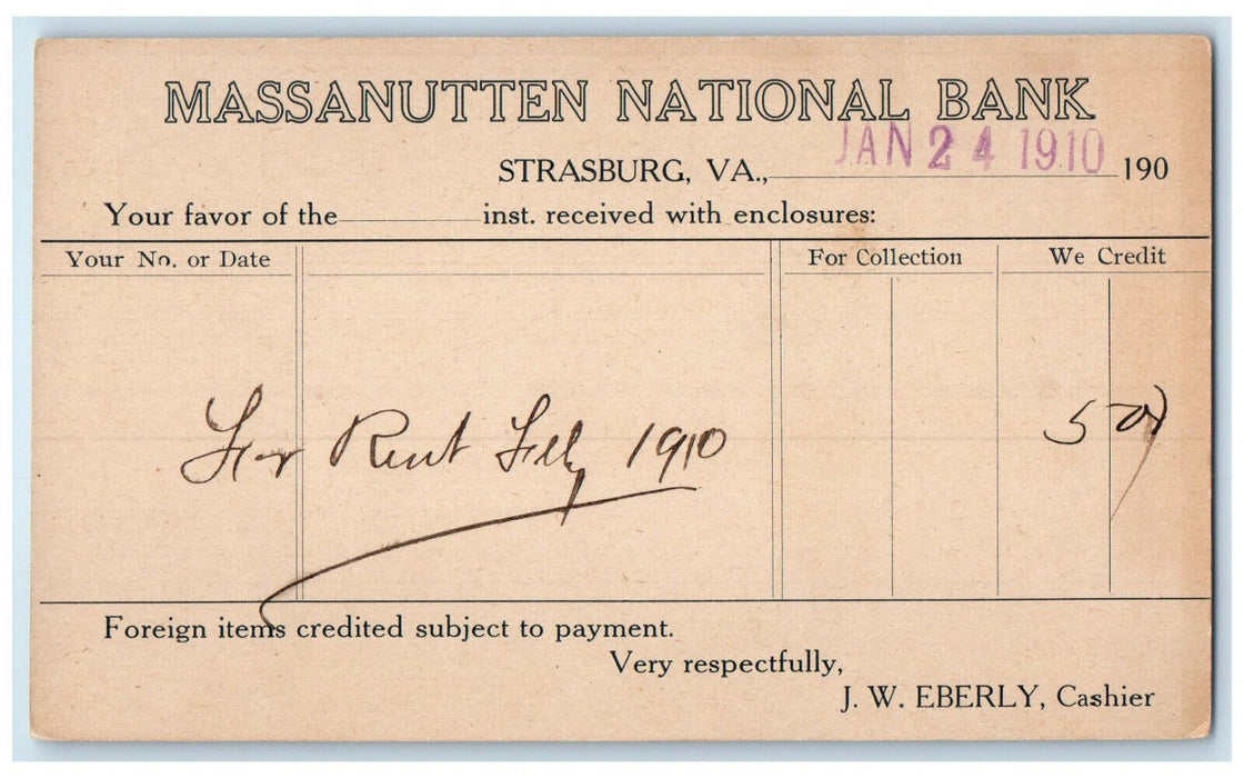 1910 For Rent Massanutten National Bank Strasburg Virginia VA Postal Card