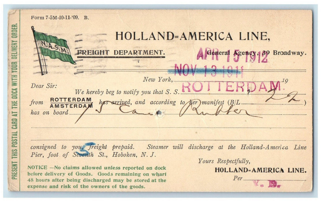 1912 Holland-America Line SS Rotterdam Has Arrived New York City NY Postal Card