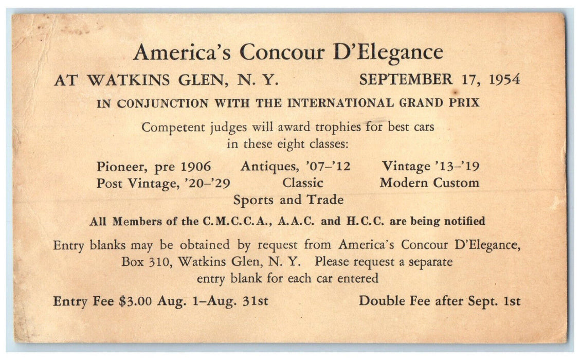 1954 America's Concour D'Elegance Watkins Glen New York NY Postal Card