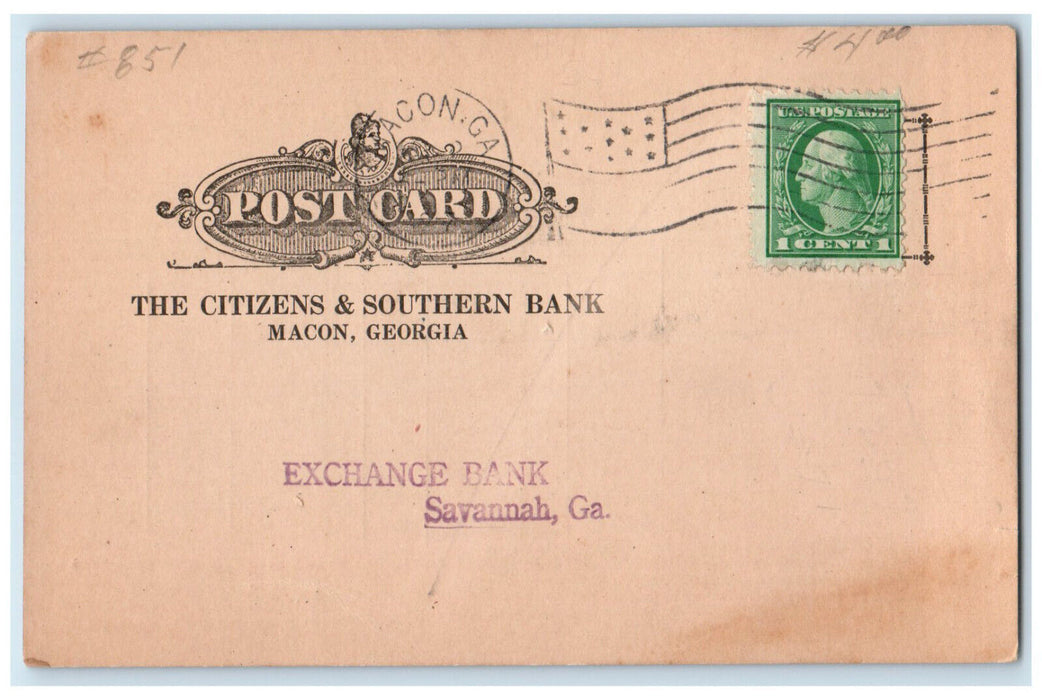 1917 The Citizens & Southern Bank Macon Georgia GA Savannah GA Postal Card