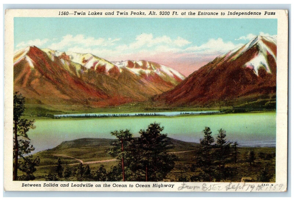1959 Twin Lakes Twin Peaks Entrance Independence Pass Salida Leadville Postcard