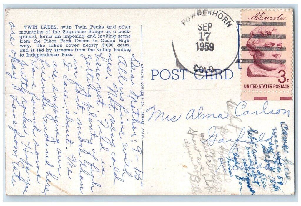 1959 Twin Lakes Twin Peaks Entrance Independence Pass Salida Leadville Postcard