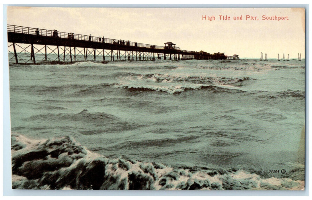 c1910 High Tide & Pier Southport Merseyside England Antique Unposted Postcard