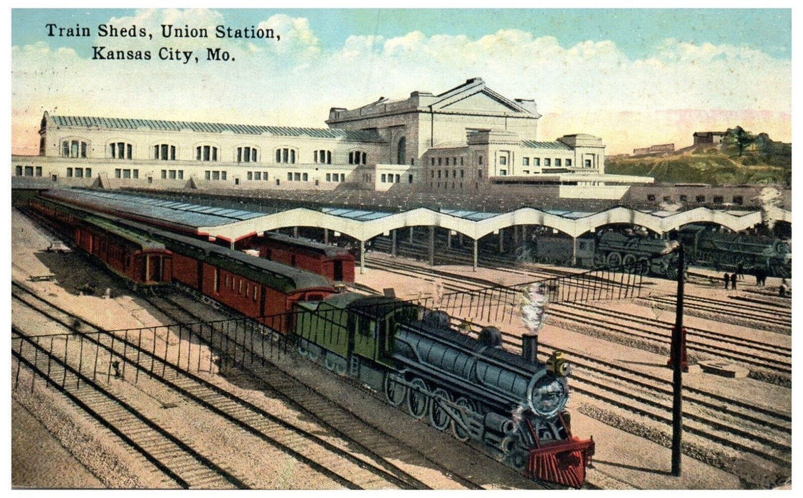 1922 Train Sheds Union Station Locomotive Train Kansas City Missouri MO Postcard