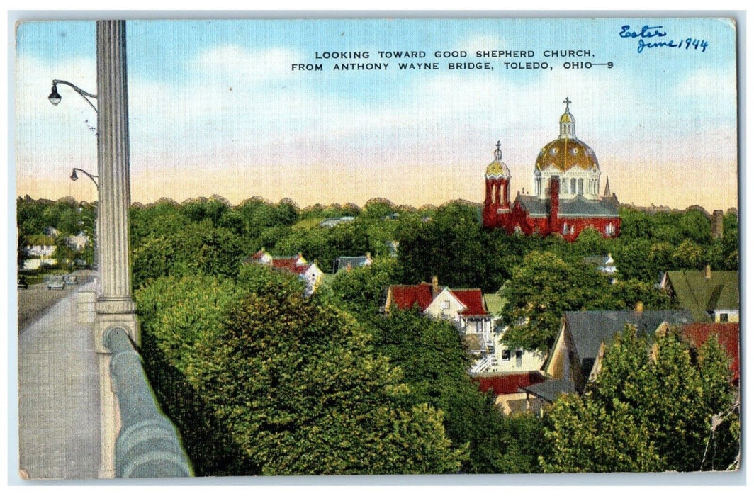 1944 Looking Toward Goof Shepherd Church Anthony Wayne Bridge Toledo OH Postcard