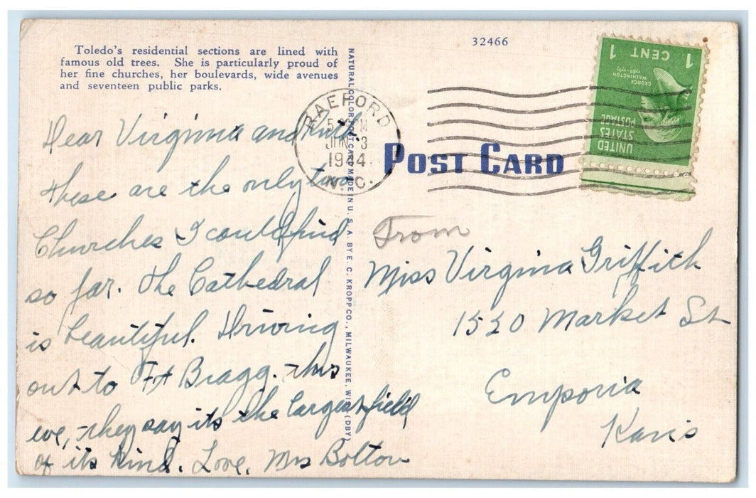 1944 Looking Toward Goof Shepherd Church Anthony Wayne Bridge Toledo OH Postcard