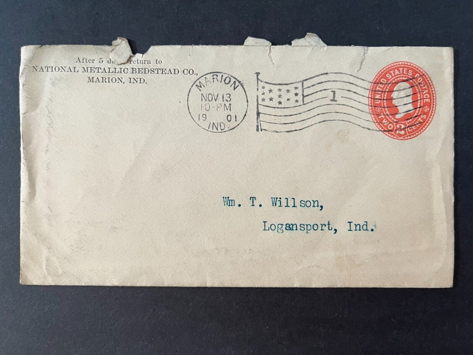1901 National Metallic Bedstead Co. Marion Indiana Logansport Flag Cancel Cover