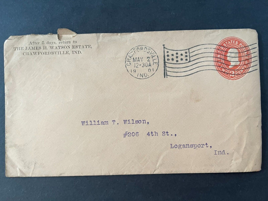 The James H. Watson Estate Crawfordville Indiana Logansport Flag Cancel Cover