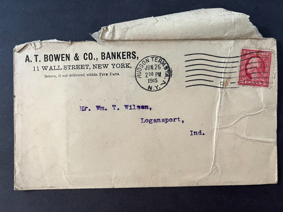 1915 AT Bowen & Co. Bankers New York Hudson Logansport Indiana 2Cent Cover