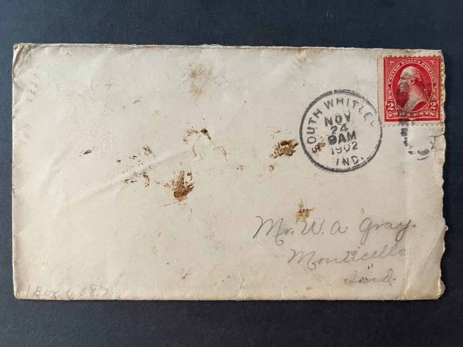 1902 Mr. Gray South Whitley Indiana To Monticello Duplex Cancel 2 Cent Cover