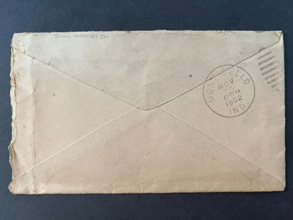 1902 Mr. Gray South Whitley Indiana To Monticello Duplex Cancel 2 Cent Cover