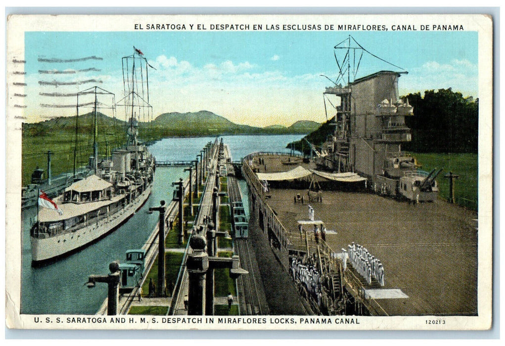 1937 USS Saratoga HMS Despatch in Miraflores Locks Panama Canal Postcard