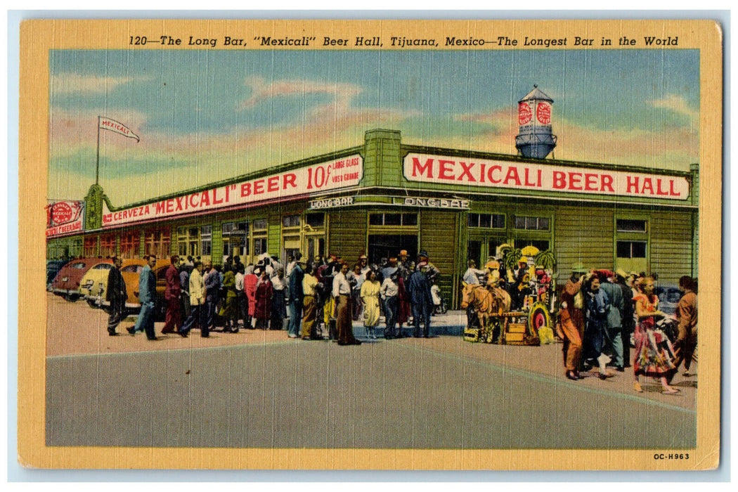 c1940's The Long Bar Mexicali Beer Hall Tijuana Mexico Vintage Postcard