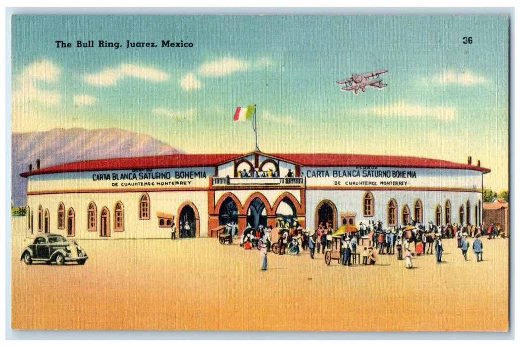 c1940's Carta Blanca Saturno Bohemia The Bull Ring Juarez Mexico Postcard