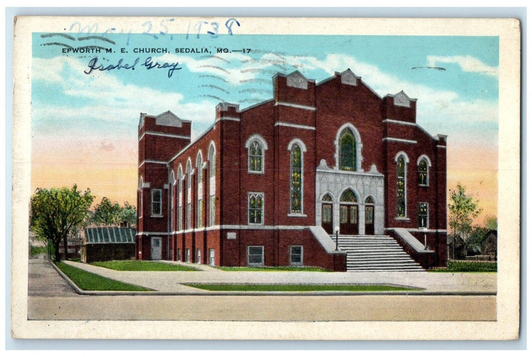 1938 Epworth ME Church Chapel Exterior Building Road Sedalia Missouri Postcard