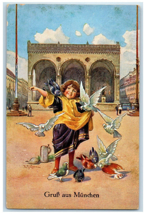 c1910 Odeonsplatz With Feldherrnhalle Munich Germany Doves Flying Kid Postcard