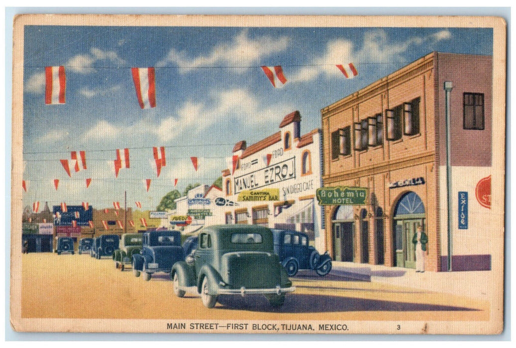 c1950's San Diego Cafe Main Street First Block Tijuana Mexico Vintage Postcard