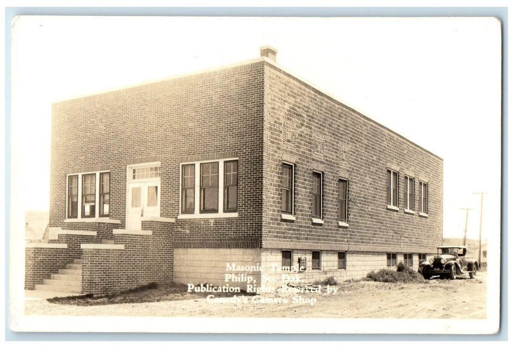 c1940's Masonic Temple Building Car Philip South Dakota SD RPPC Photo Postcard