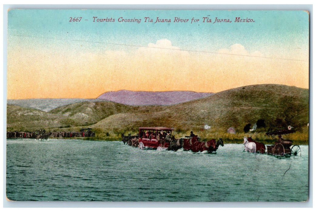 c1910 Tourists Crossing Tia Juana River Tia Juana Mexico Vintage Postcard