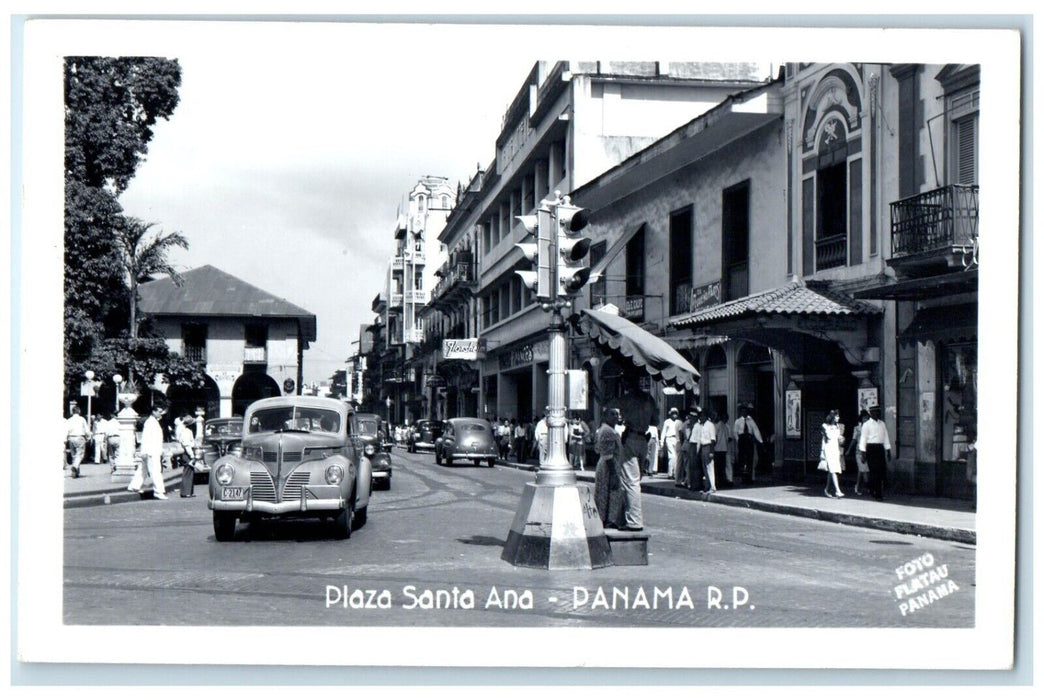 c1940's Plaza Santa Ana Panama RP Foto Flatau Cars Florsheim RPPC Photo Postcard