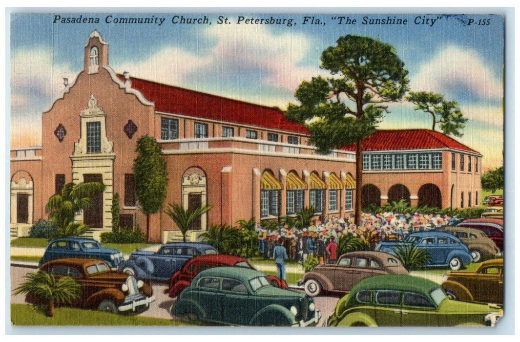 c1940 Pasadena Community Church Classic Cars St Petersburg Florida FL Postcard